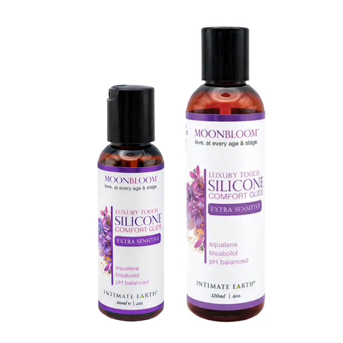 Size comparison view showing two amber bottles of Intimate Earth Moon Bloom silicone comfort glide standing side by side in 60 ml (2 fl oz) and 120 ml (4 fl oz) capacities. Hauptbild