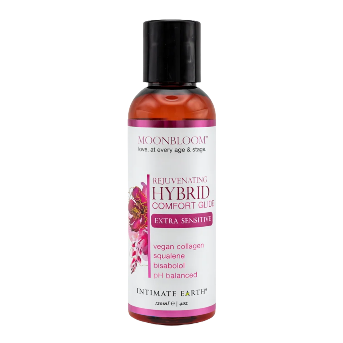 Front studio view of the 120 ml (4 fl oz) amber bottle of Intimate Earth Moon Bloom hybrid comfort glide for extra sensitive skin, featuring magenta floral label accents.