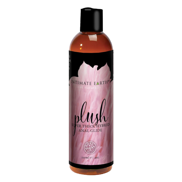 Front studio view of the medium 120 ml (4 fl oz) amber bottle of Intimate Earth Plush super thick hybrid anal glide.