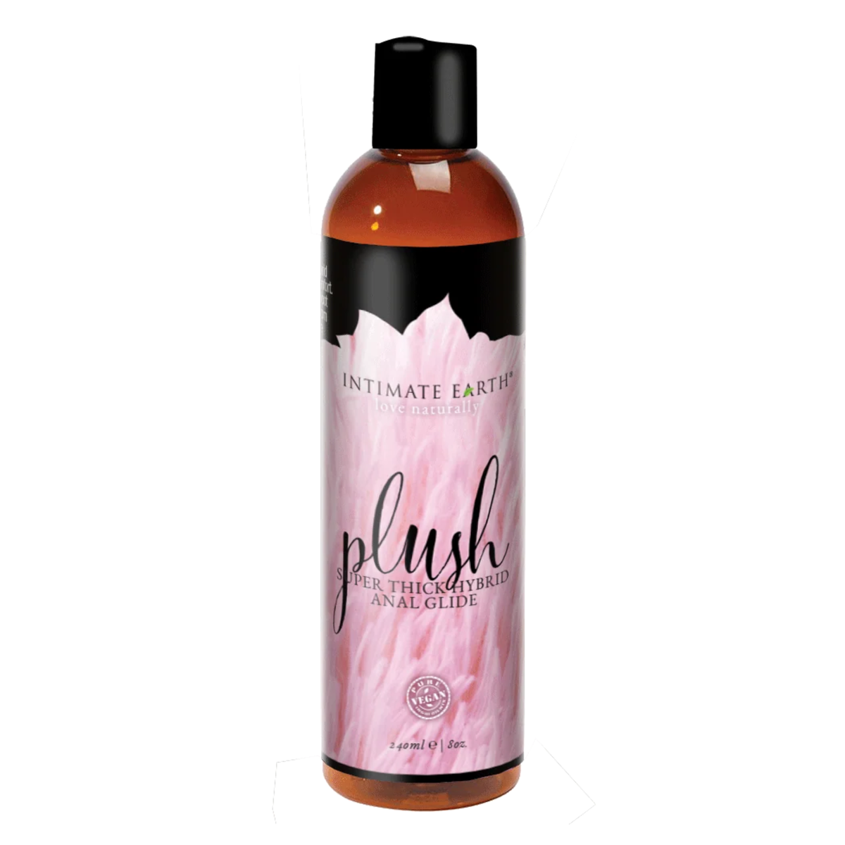 Direct studio view of the large 240 ml (8 fl oz) amber bottle of Intimate Earth Plush super thick hybrid anal glide with a soft pink petal design label and black cap.