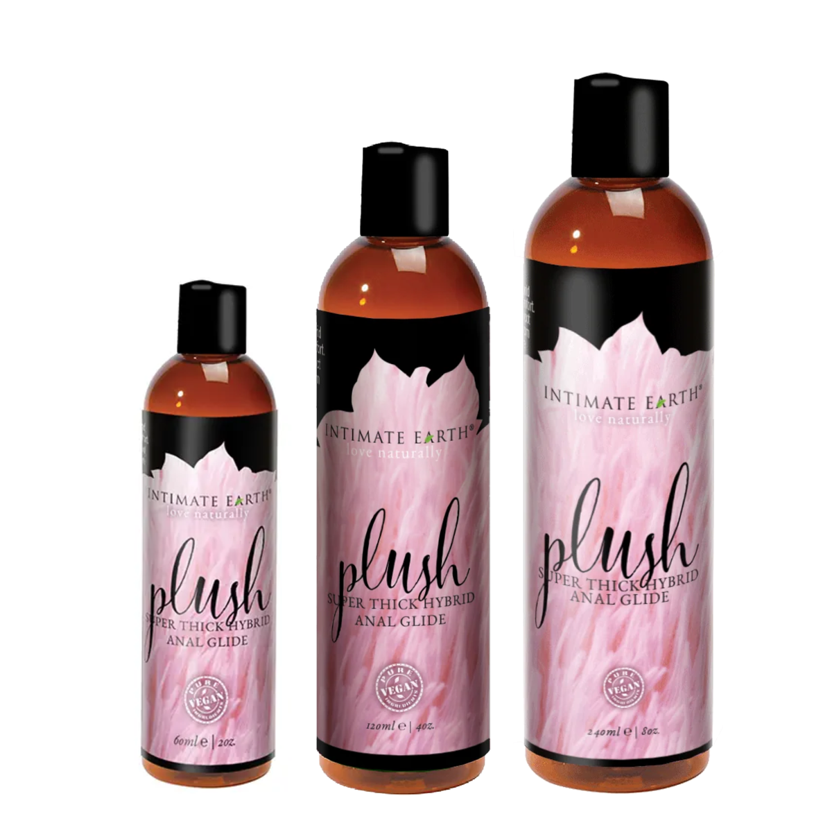 Size comparison shot showing three amber bottles of Intimate Earth Plush super thick hybrid anal glide standing side by side in 60 ml (2 fl oz), 120 ml (4 fl oz), and 240 ml (8 fl oz) capacities.