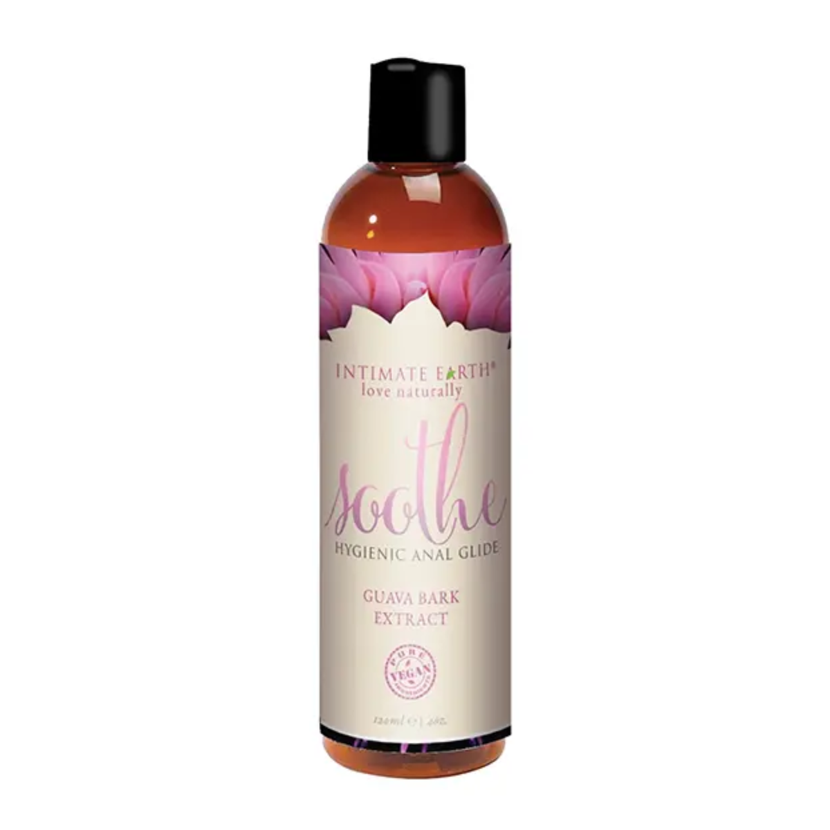 Isolated product view of the 120 ml (4 fl oz) amber bottle of Intimate Earth Soothe hygienic anal glide infused with guava bark extract and pure vegan certification.