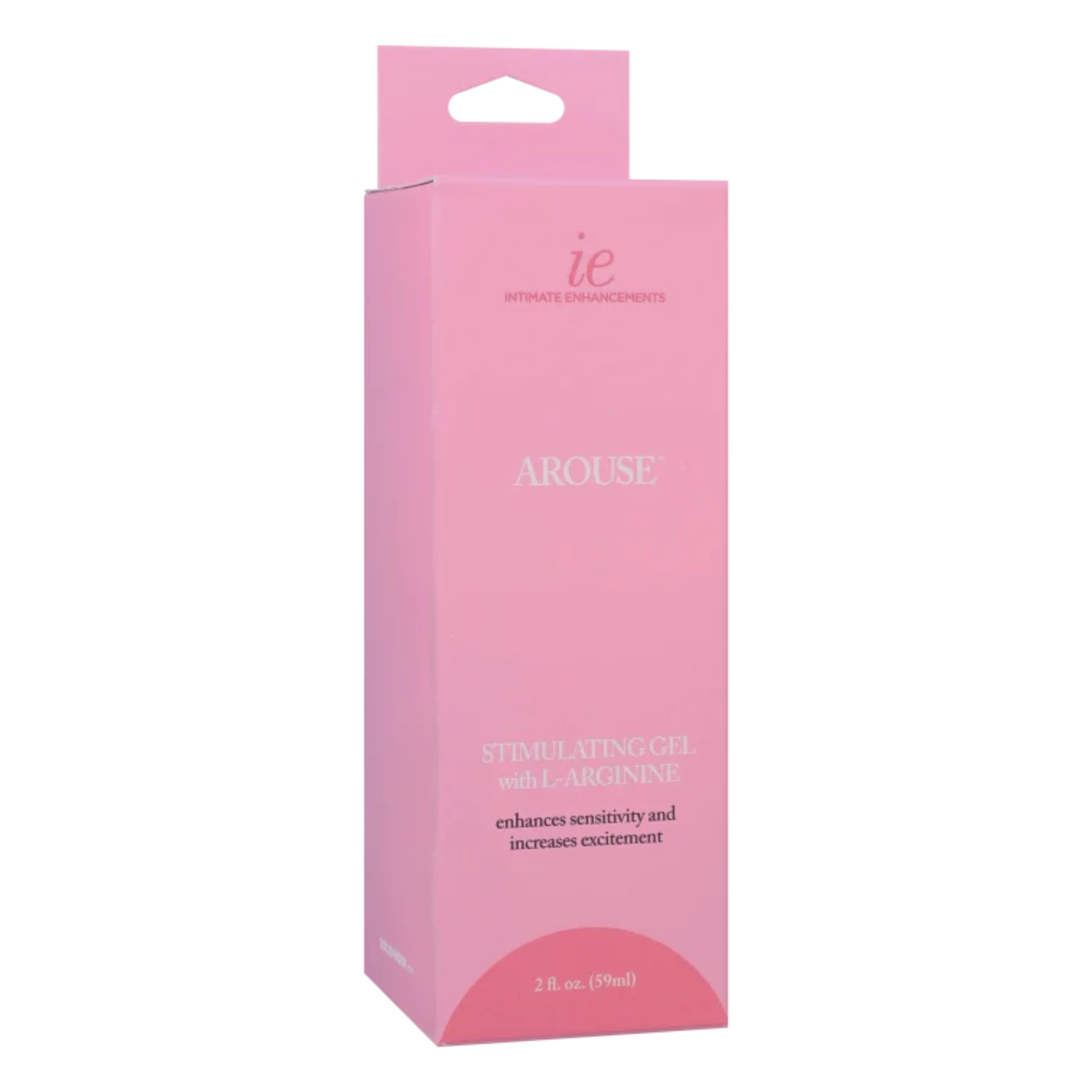 Perspective view of the light pink hanging retail box for Intimate Enhancements Arouse Stimulating Gel with L-Arginine, displaying key benefit claims ("enhances sensitivity and increases excitement") and 2 fl oz (59ml) volume branding. Hauptbild