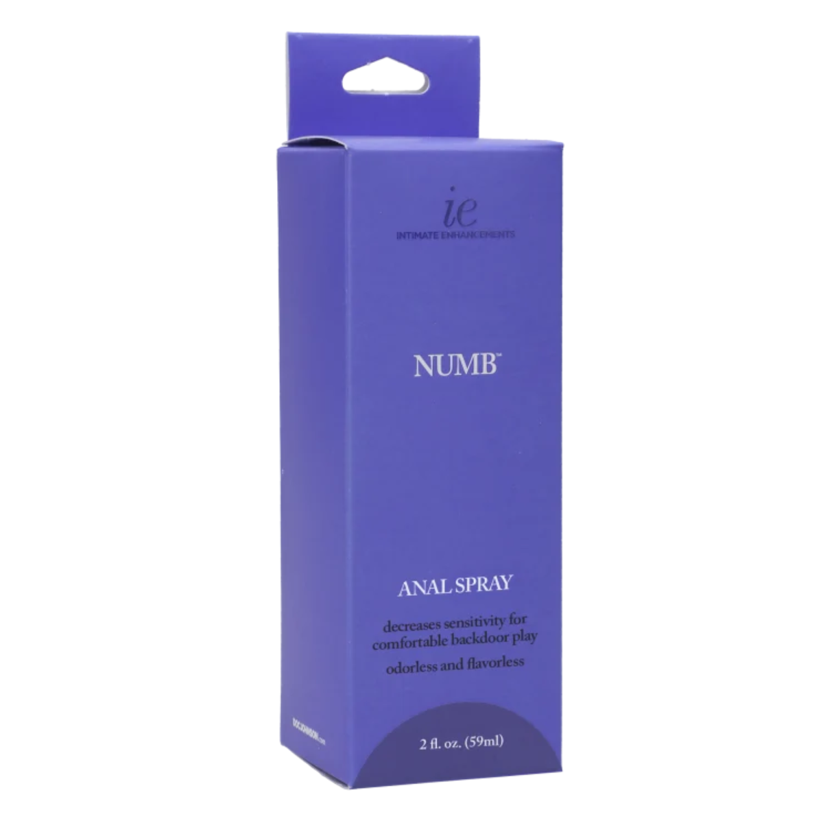 Perspective view of the purple hanging retail box for Intimate Enhancements Numb Anal Spray, displaying front product branding and volume specification. Hauptbild