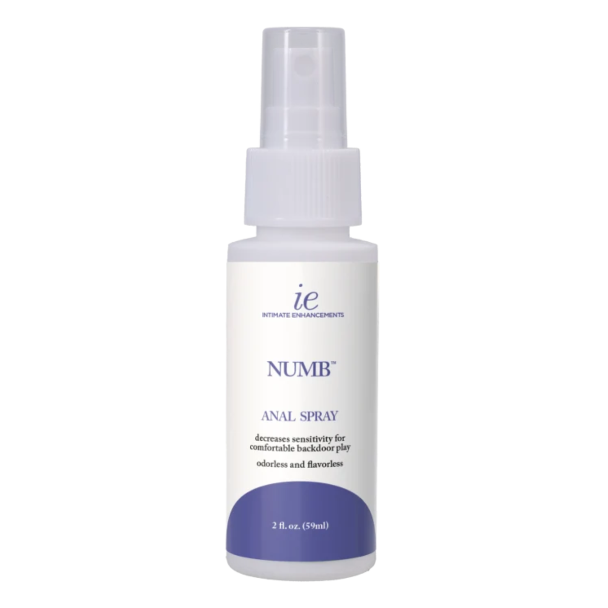 Front studio view of the 2 fl oz (59 ml) white spray bottle of Intimate Enhancements Numb Anal Spray featuring purple typography detailing "decreases sensitivity for comfortable backdoor play" and an odorless, flavorless claim.