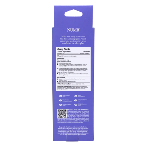 Back panel view of the purple retail box showing Drug Facts (Lidocaine HCl 2%), active ingredients, warnings, application directions, multi-language callouts, and manufacturer details.