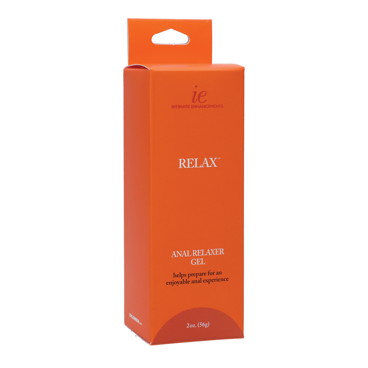Studio view of the orange hanging retail box for Intimate Enhancements Relax Anal Relaxer Gel, featuring 2 oz (56g) volume branding and core product claims. Hauptbild