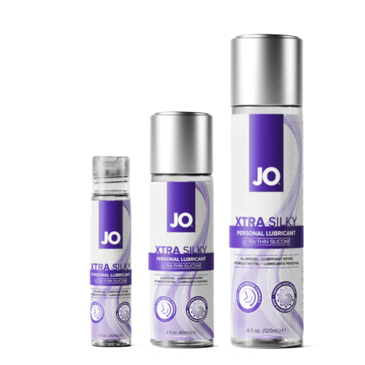 Three different sizes of JO Xtra Silky Personal Lubricant bottles are displayed side-by-side against a white background, increasing in height from left to right. The clear bottles feature purple and white labeling with silver caps. Hauptbild