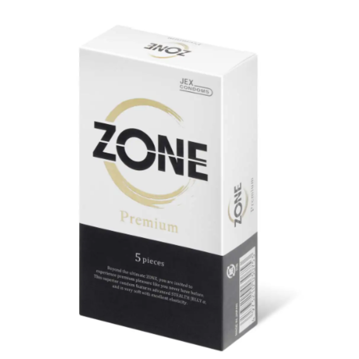 Perspective view of the white and black Jex Zone Premium 5-pack box featuring a gold brush-stroke circle logo. Hauptbild