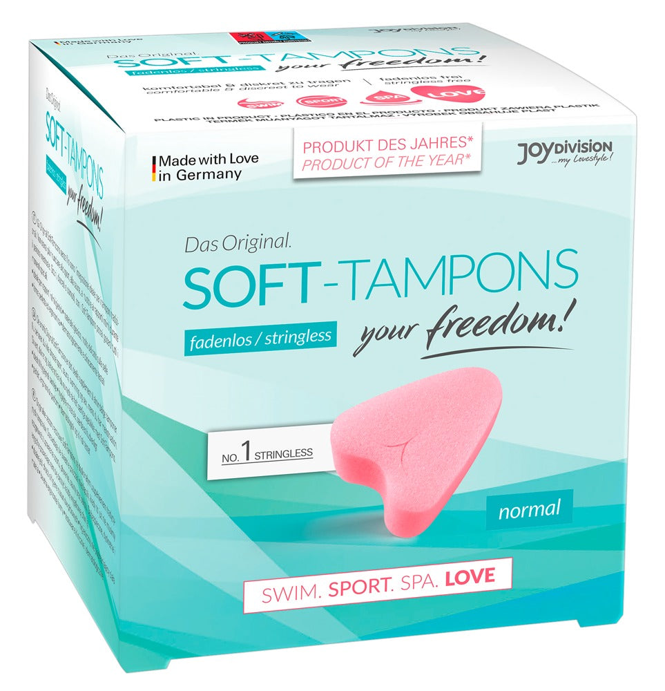 JoyDivision normal-sized stringless Soft-Tampons. The box features an image of the pink, heart-shaped tampon.