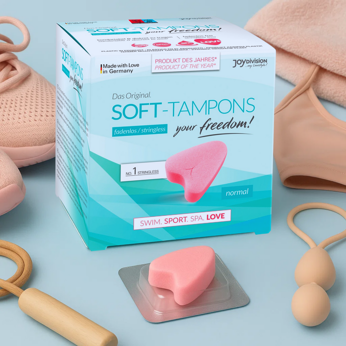 JoyDivision Soft-Tampons Normal box with a single pink stringless tampon. Features for swim, sport, spa, and love.