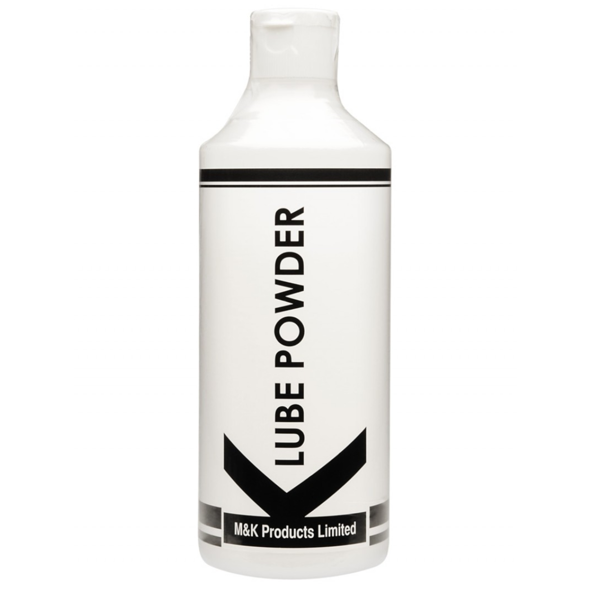 A white plastic bottle of K-Lube Powder by M&K Products Limited. The label is minimalist, featuring bold black vertical text that reads "LUBE POWDER" and a large stylized "K" at the bottom. Two black horizontal bands wrap around the top and bottom of the label. The bottle has a white flip-top cap. Hauptbild