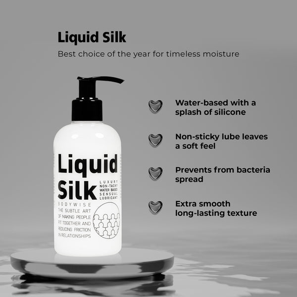 Liquid silk best choice of the year for timeless moisture. Water-based with a splash of silicone, non-sticky lube leaves a soft feel, prevents from bacteria spread, extra smooth long-lasting texture.