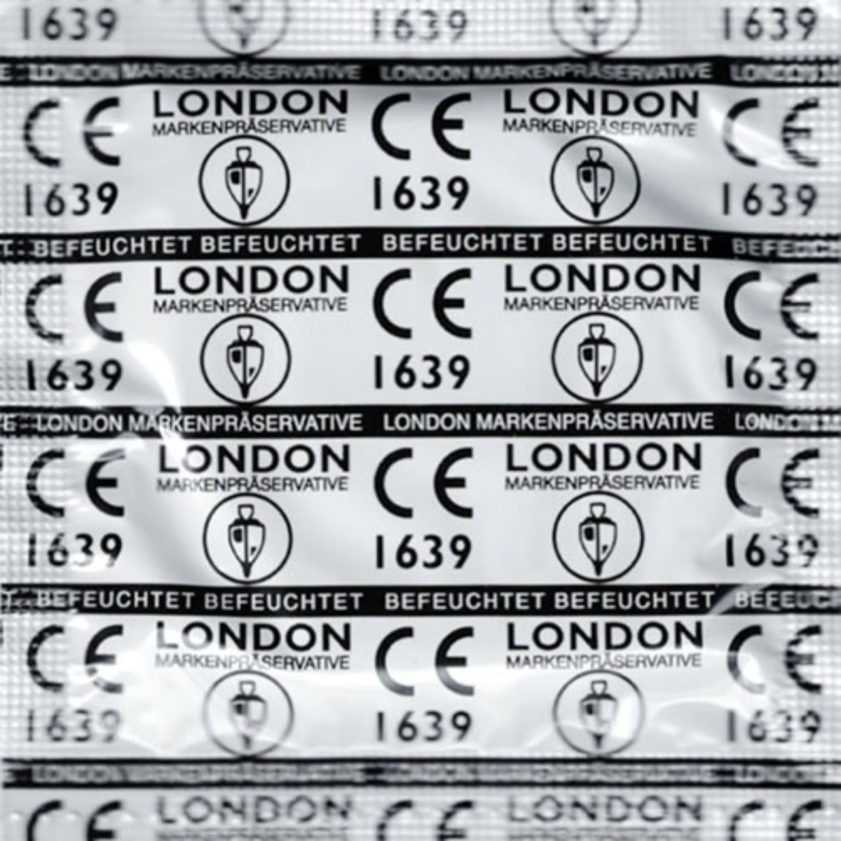 An image of individual wrapper of London Wet condom. 
