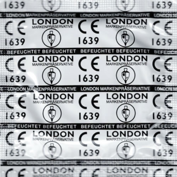 An image of individual wrapper of London Wet condom. 