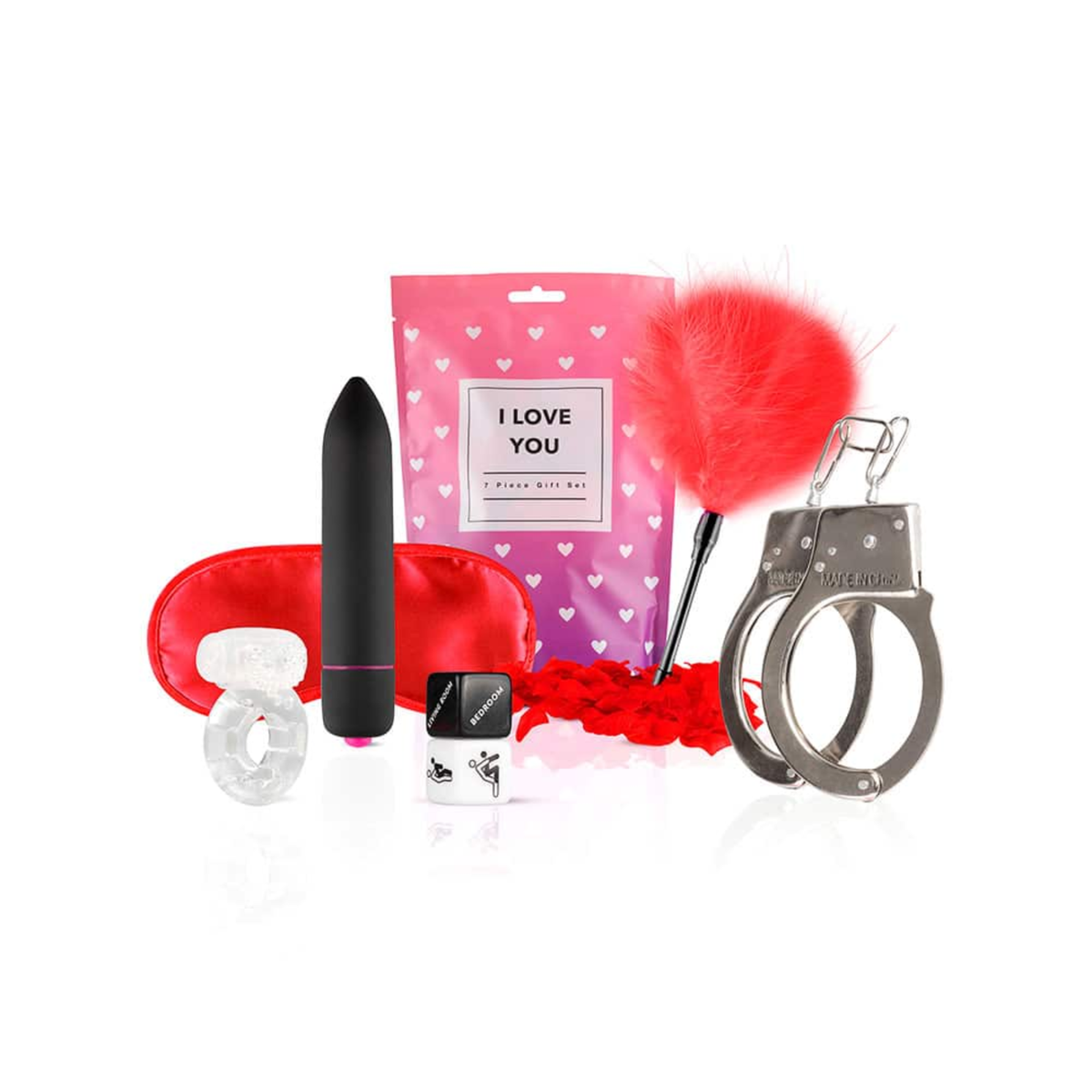 A seven-piece gift set, including a black bullet vibrator, silver metal handcuffs, a red feather tickler, a red eye mask, a bottle of massage oil/lotion, a clear ring, and a bag of rose petals.