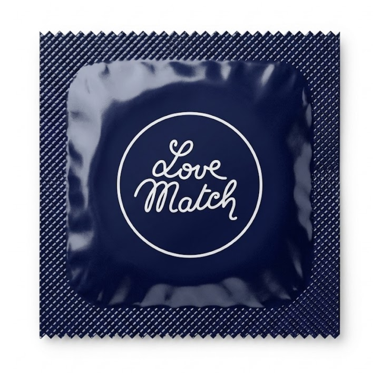 Front view of a single navy blue foil condom wrapper for Love Match Extra Large, featuring a textured square border and the white script "Love Match" logo inside a white circle.