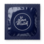 Front view of a single navy blue foil condom wrapper for Love Match Extra Large, featuring a textured square border and the white script "Love Match" logo inside a white circle.