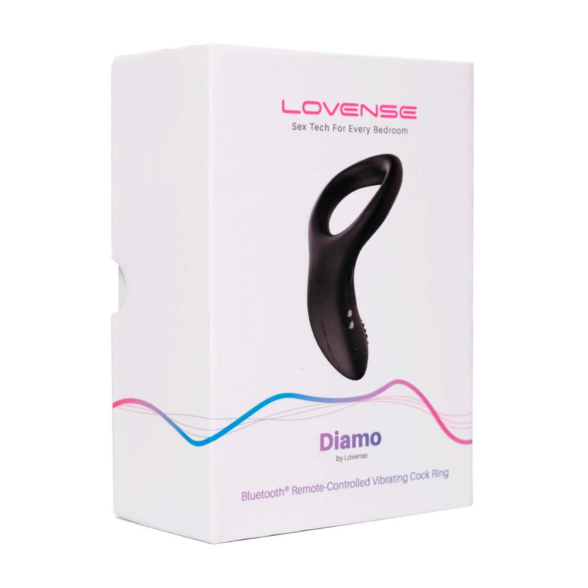 Retail box packaging view for the white Lovense Diamo Bluetooth Remote-Controlled Vibrating Cock Ring box. Hauptbild