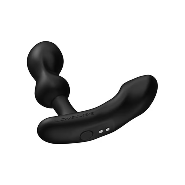 Angled close-up shot of the black Lovense Edge 2 massager, detailing the power button and magnetic charging pins on its base.