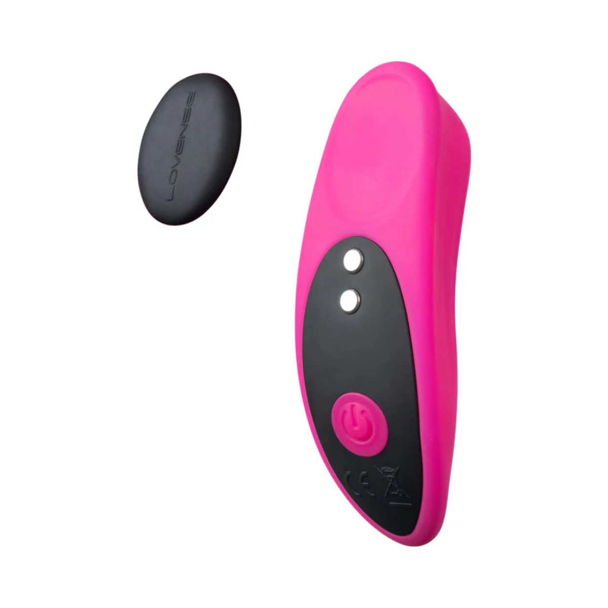 Isolated product view showing the pink Lovense Ferri panty massager separated from its oval black magnetic clip.