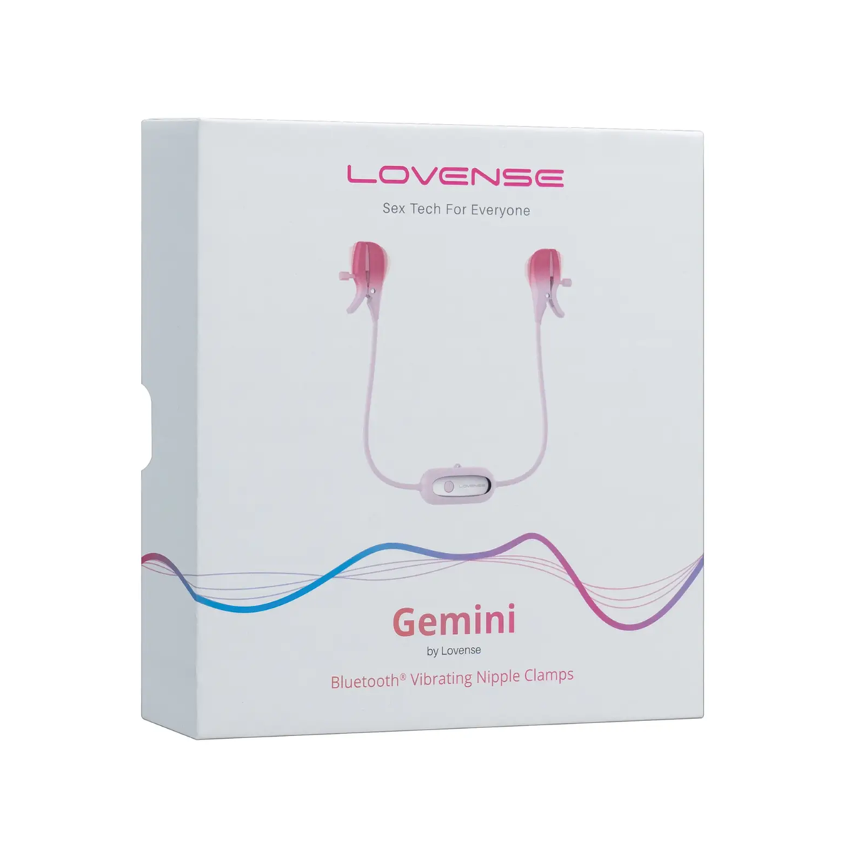 Front packaging shot showing the white retail box for the Lovense Gemini Bluetooth Vibrating Nipple Clamps. Hauptbild