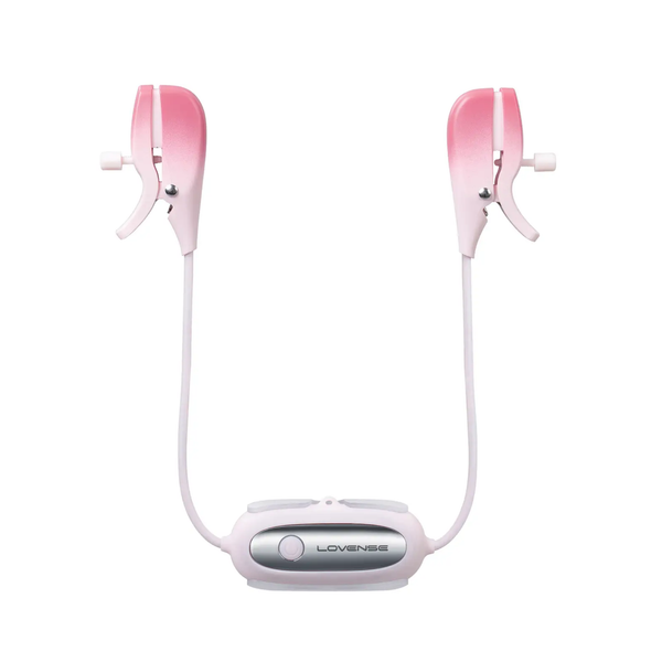Isolated product view displaying the front of the pink gradient Lovense Gemini vibrating nipple clamps and central control pod with silver accent trim.