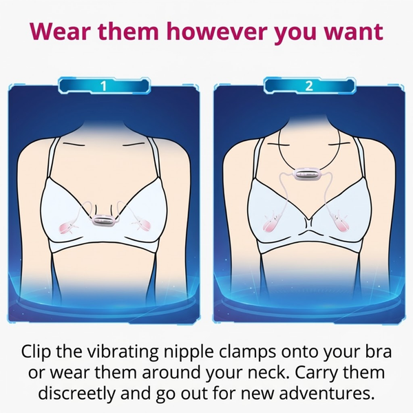 Instructional graphic titled "Wear them however you want", illustrating options to clip the central module onto a bra or wear it around the neck using a lanyard cord.