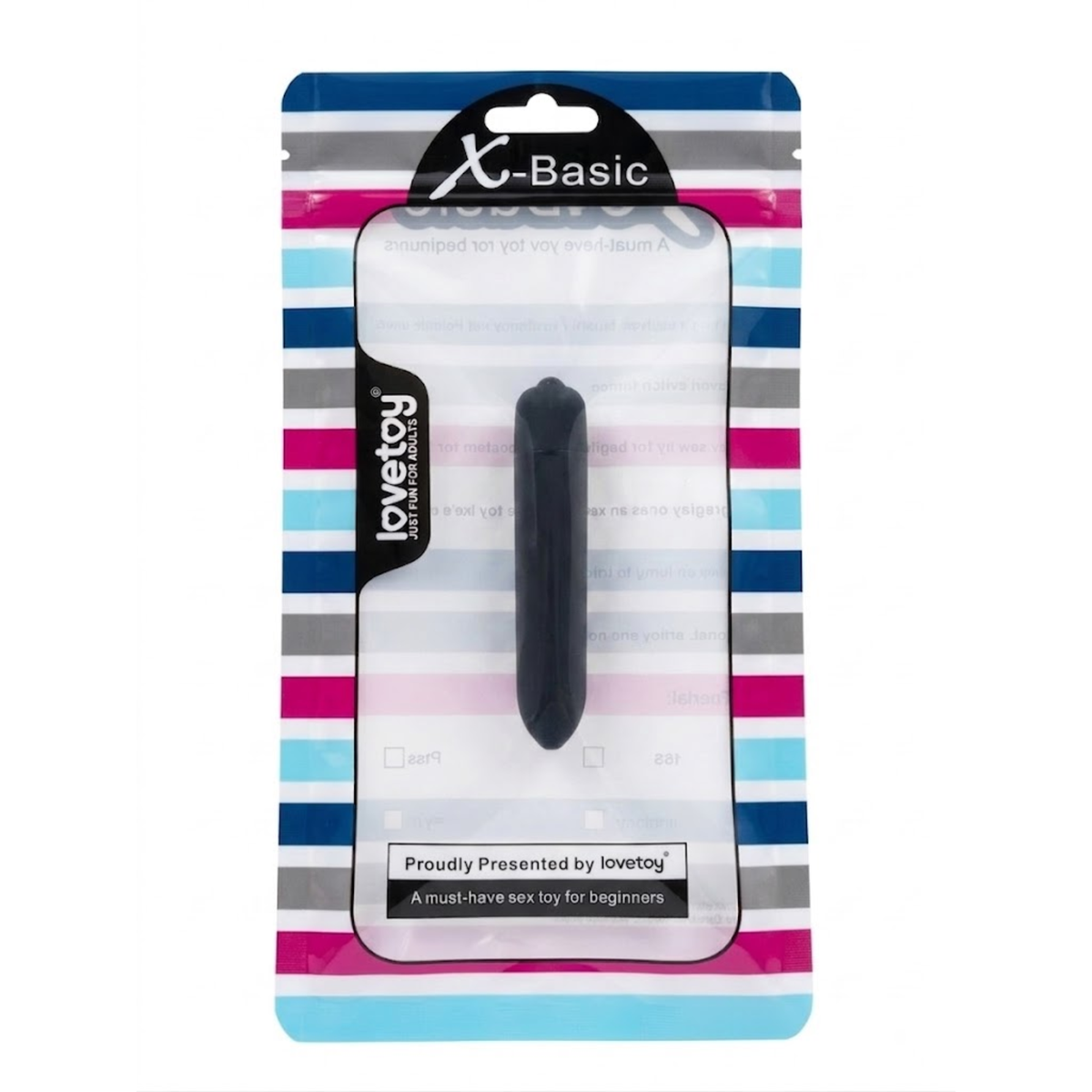 Retail packaging shot showing the matte black Lovetoy X-Basic bullet vibrator displayed inside a striped hanging pouch with a clear window. Hauptbild