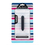 Retail packaging shot showing the matte black Lovetoy X-Basic bullet vibrator displayed inside a striped hanging pouch with a clear window.