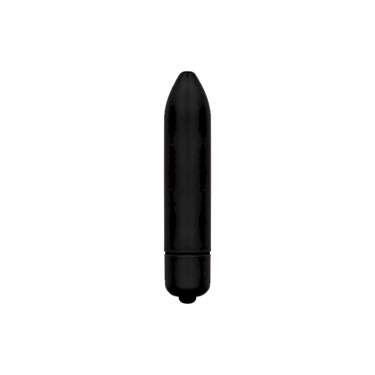 Isolated product view of the smooth, matte black bullet vibrator standing upright against a plain white background.