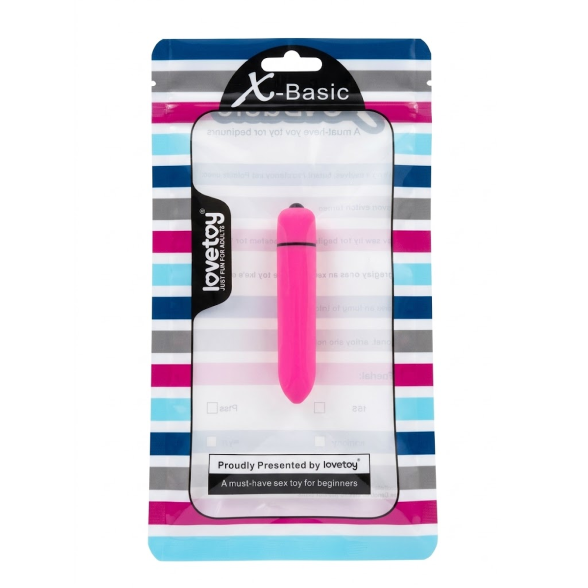 Retail packaging display showing the pink Lovetoy X-Basic bullet vibrator visible inside its striped hanging pouch with clear front window. Hauptbild