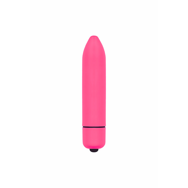 Studio product shot of the smooth bright pink bullet vibrator standing upright against a plain white background.