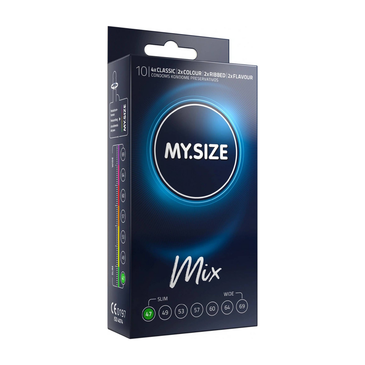 An image of a box of MY.SIZE 47mm Mix condoms. The box is dark blue with a prominent circular design in the center that glows with blue and white light, featuring the white text MY.SIZE. The top of the box indicates it contains a "Mix Box of 10" condoms, including "5x CLASSIC," "2x COLOUR," "2x RIBBED," and "2x FLAVOUR." The bottom front of the box displays a highlighted size "47". Hauptbild