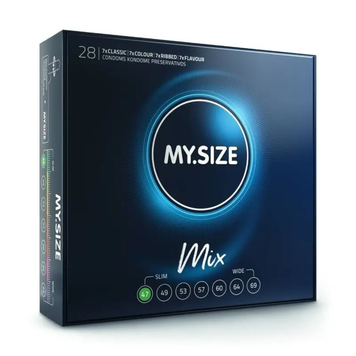 An image of a box of MY.SIZE 47mm Mix condoms. The top of the box indicates it contains a "Mix Box of 28" condoms, including "7x CLASSIC," "7x COLOUR," "7x RIBBED," and "7x FLAVOUR." The bottom front of the box displays a highlighted size "47". Hauptbild