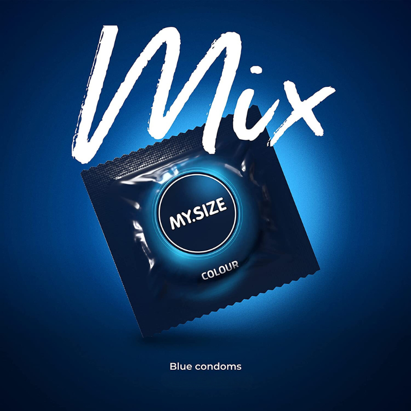An image of MY.SIZE individual condom wrapper in a gradient blue background. The foil packet has the words MY.SIZE, "Colour"  and "Mix" written. The bottom of the image includes the descriptive text "Blue condoms"