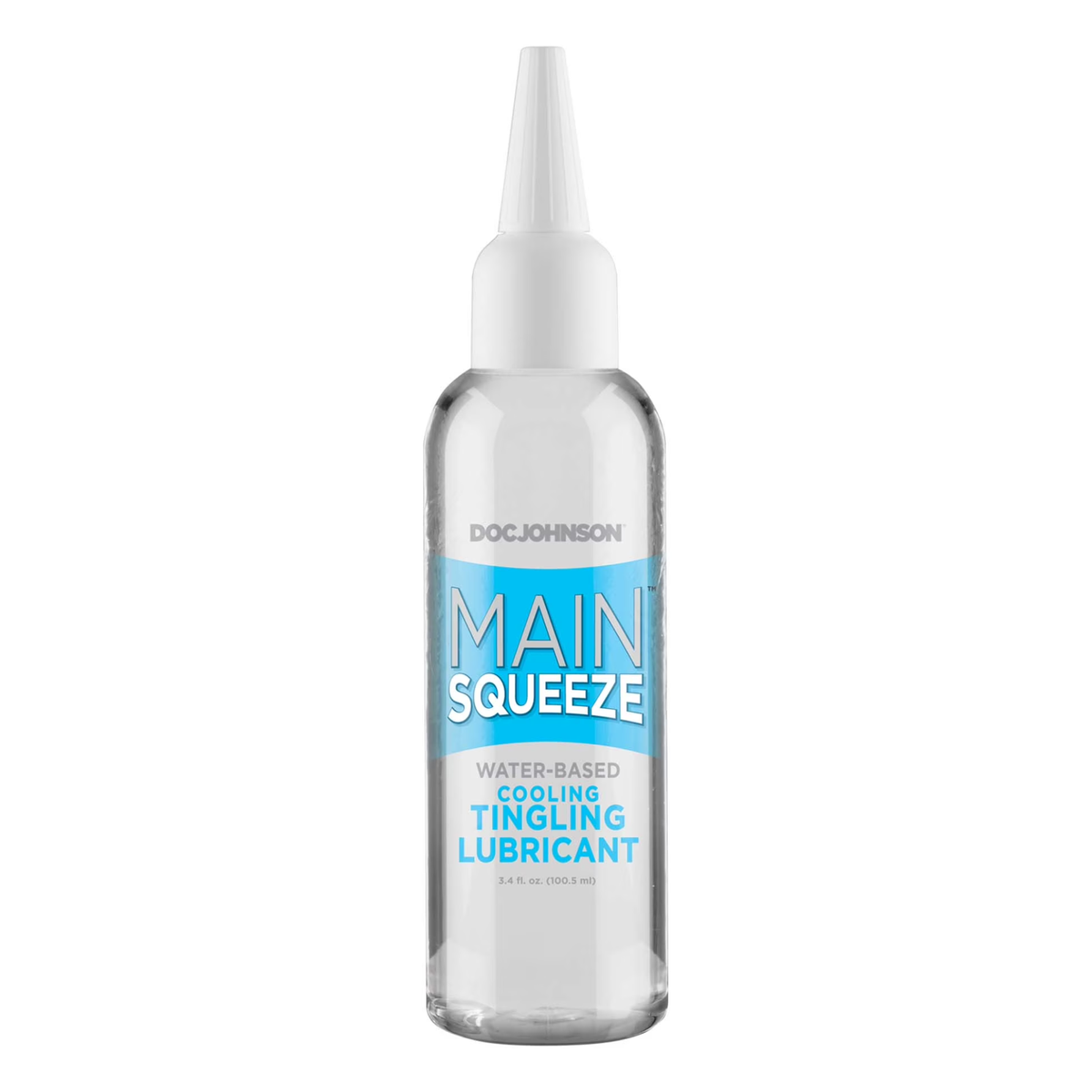 Front product view of the 3.4 fl oz (100.5 ml) clear squeeze bottle of Main Squeeze Cooling & Tingling Water-Based Lubricant with light blue branding and a white precision applicator tip. Hauptbild