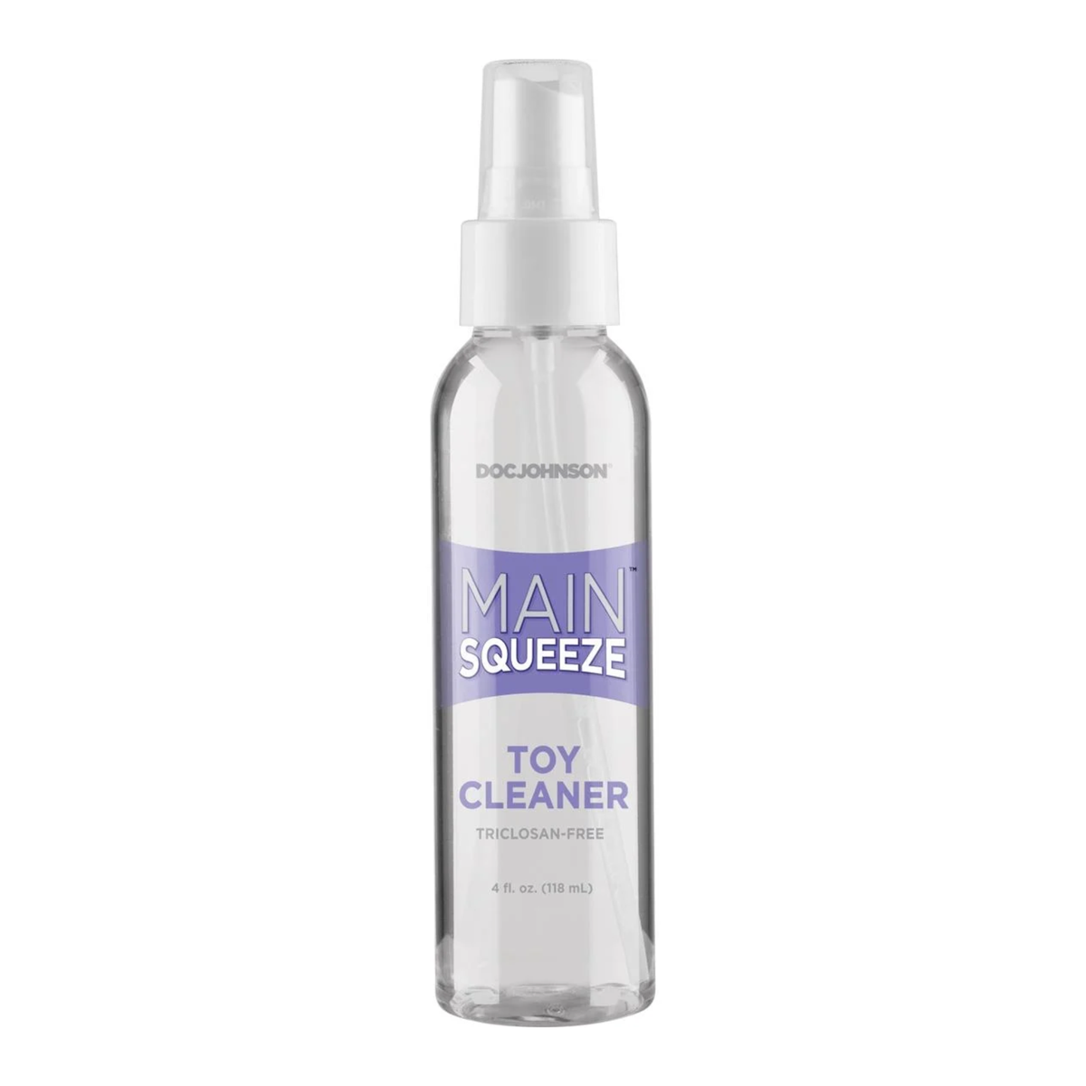 Front studio view of the 4 fl oz (118 ml) clear spray bottle of Doc Johnson Main Squeeze Toy Cleaner with lavender branding accents and a clear spray cap. Hauptbild