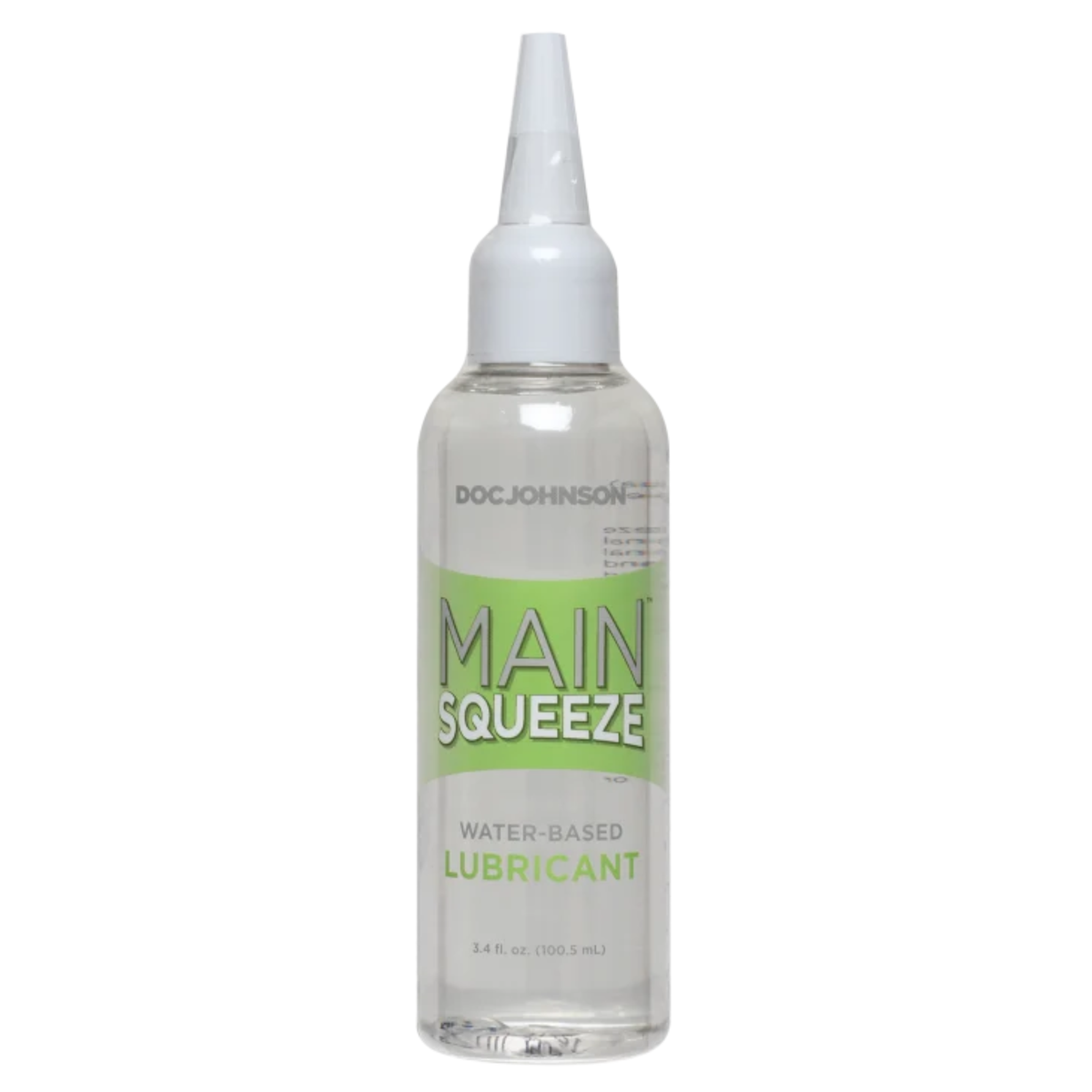 Front studio view of the 3.4 fl oz (100.5 ml) clear squeeze bottle of Main Squeeze Water-Based Lubricant with lime green branding accents and a precision applicator tip. Hauptbild