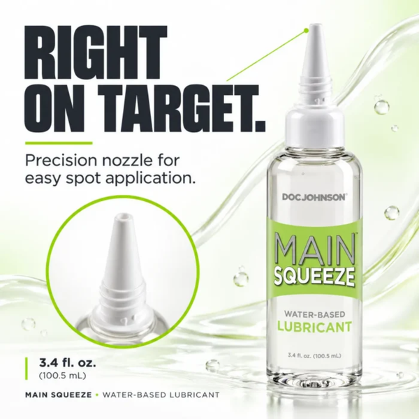 Product graphic titled "Right On Target" with a close-up inset callout focusing on the twist-open precision nozzle designed for easy spot application.