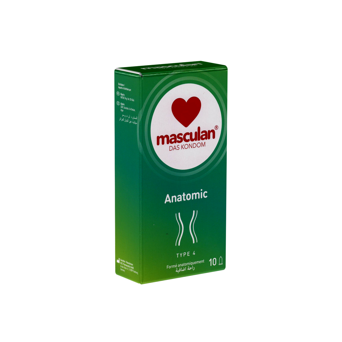 A green and white rectangular box of masculan® Anatomic condoms is centered on a plain white background. The top of the box features the brand name "masculan®" in red, stacked above the German text "DAS KONDOM" in smaller red letters, all enclosed within a white circle and a larger red heart symbol.