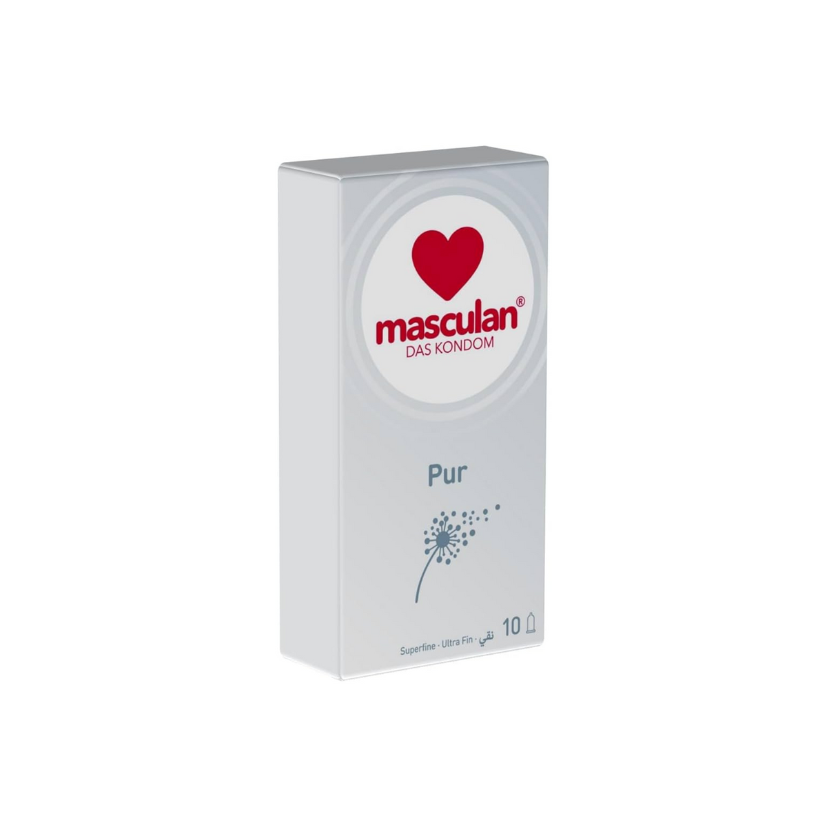 A white rectangular box of masculan® Pur condoms is shown against a plain white background. The top portion of the box features the brand name "masculan®" in red, stacked above the German text "DAS KONDOM" in smaller red letters, all enclosed within a red heart symbol. Hauptbild