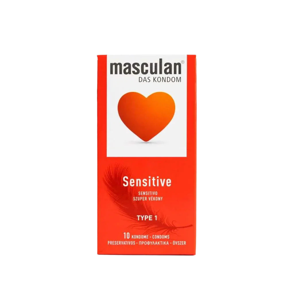 A red and white box of masculan® Sensitive condoms is shown. It features the brand name above an orange heart on a white square. Below, "Sensitive," "TYPE 1," and "10 KONDOME - CONDOMS" are printed above a feather illustration. Hauptbild