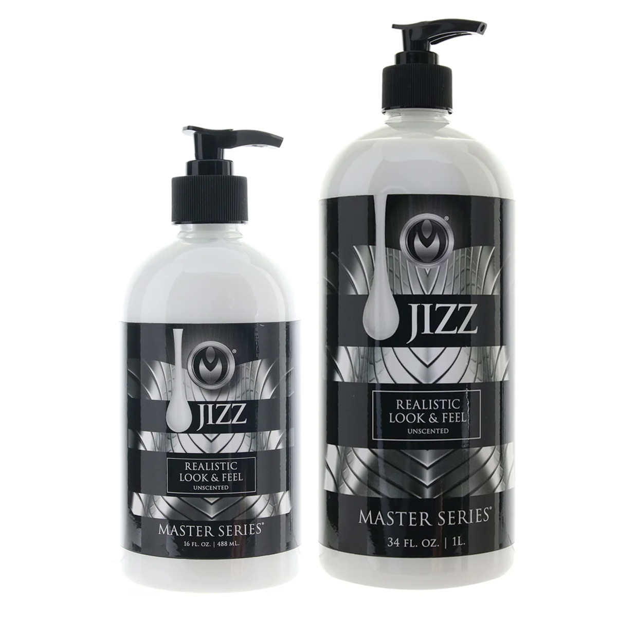 Two white bottles of Master Series Jizz body glide, 16 fl. oz. and 34 fl. oz., standing next to each other.
