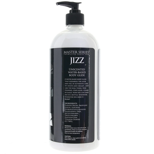 Full front-view of the 1 liter (34 fl. oz.) Master Series Jizz bottle, clearly showing the ingredients and usage information.