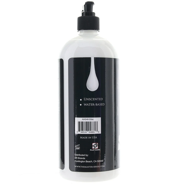 Back-view of the 1 liter (34 fl. oz.) Master Series Jizz bottle, showing the UPC barcode and "Unscented Water-Based" details.