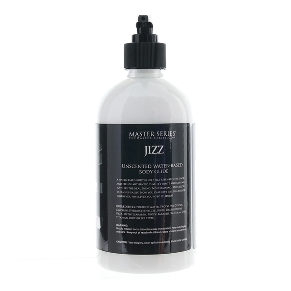 Back-view of the 488 mL (16 fl. oz.) Master Series Jizz bottle, showing the ingredients and detailed product description.
