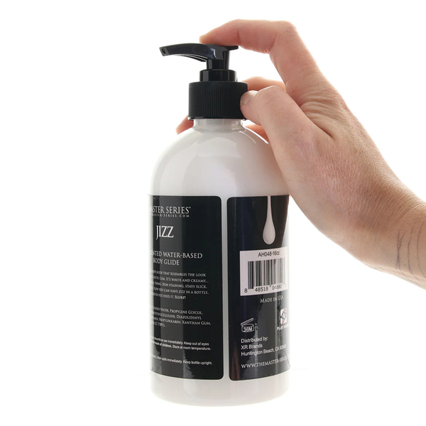 A hand holds and displays the back label of the 488 mL (16 fl. oz.) bottle of Master Series Jizz.