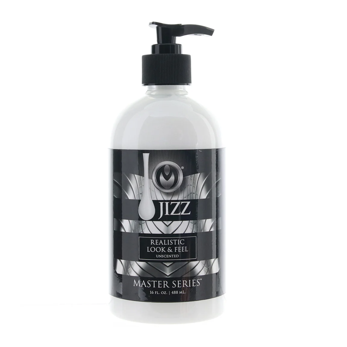 Full front-view of the 488 mL (16 fl. oz.) bottle of Master Series Jizz, featuring the black and silver label.