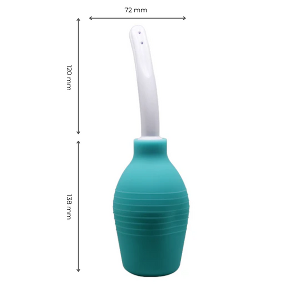 Mr. Play Anal Douche 10.5 fl.oz with dimensions showing nozzle length 120 mm and bulb height 138 mm